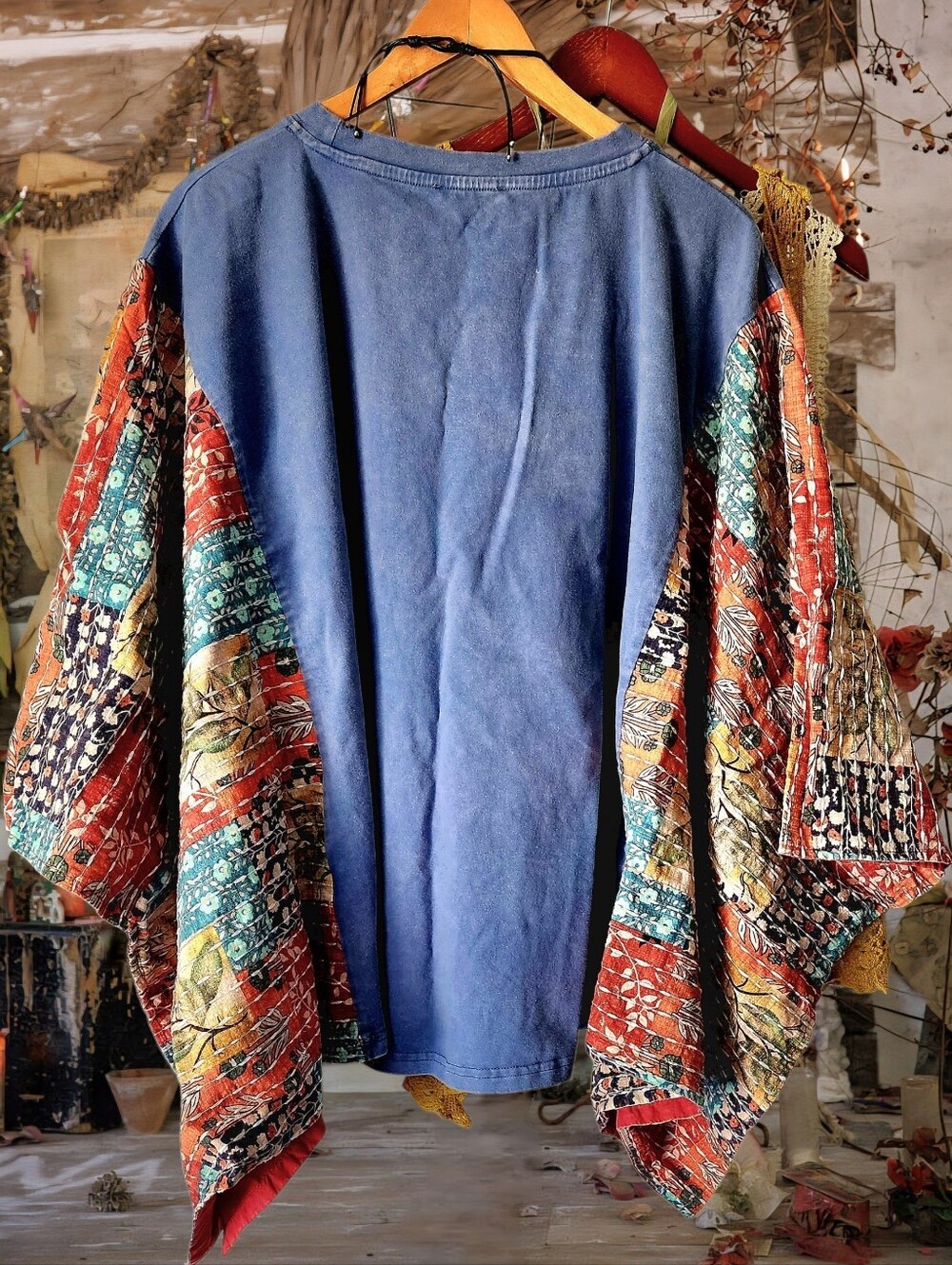 Boho Blue Graphic Tunic with Colorful Patchwork Sleeves - Picture 4 of 13
